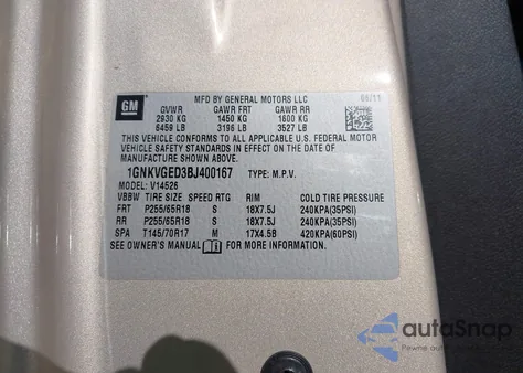 2011 Chevrolet Traverse Lt from USA, damaged, VIN 1GNKVGED3BJ400167